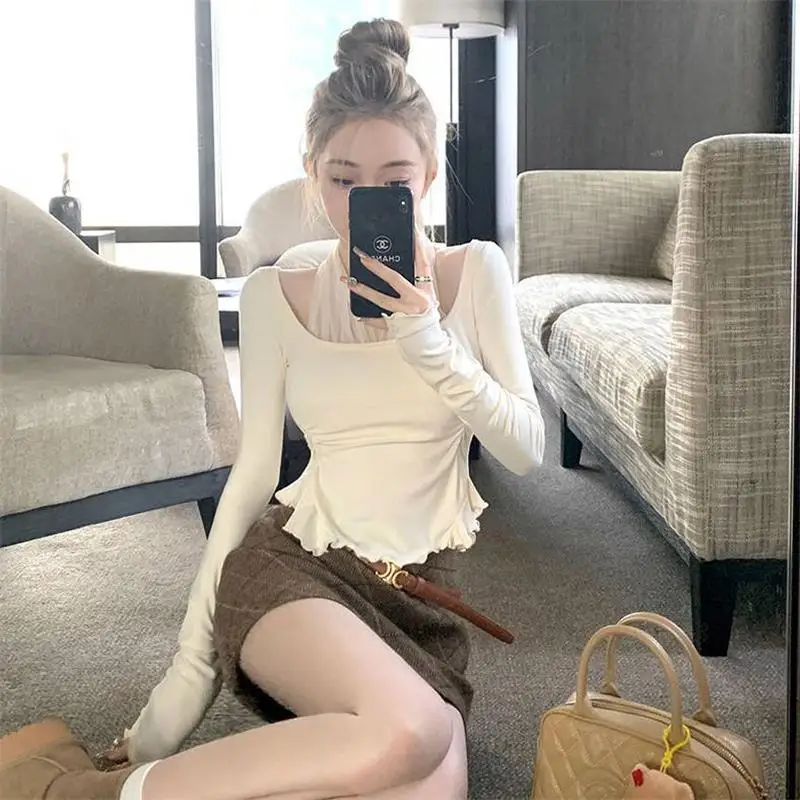 Cute T Shirt Women Two-piece Crop Top Sweet Autumn Shirts Women's Sexy Club Tshirt Korean Style Casual Chic Long Sleeve Tee