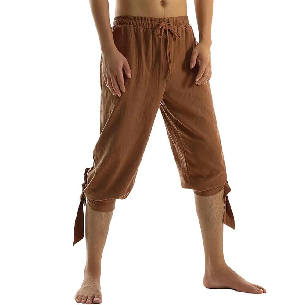Herren Vintage Piratenhose Einfarbig Baumwolle Atmungsaktiv Cosplay-Kostüm Elastischer Bund Modische Kurze Hose für Männer – Detail 5