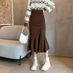 Autumn Winter New Design Sense Corduroy Solid Color Women's Clothing Korean All-match Waist Slimming Bag Hip Y2K Fishtail Skirts