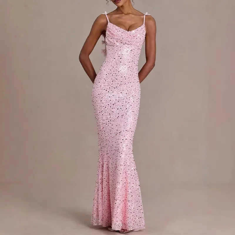 2026 Elegant Lady Sequin. Beaded Strap Mermaid Clothes Evening Party Backless Smart Fit Long Clothes Midi Boho Sexy