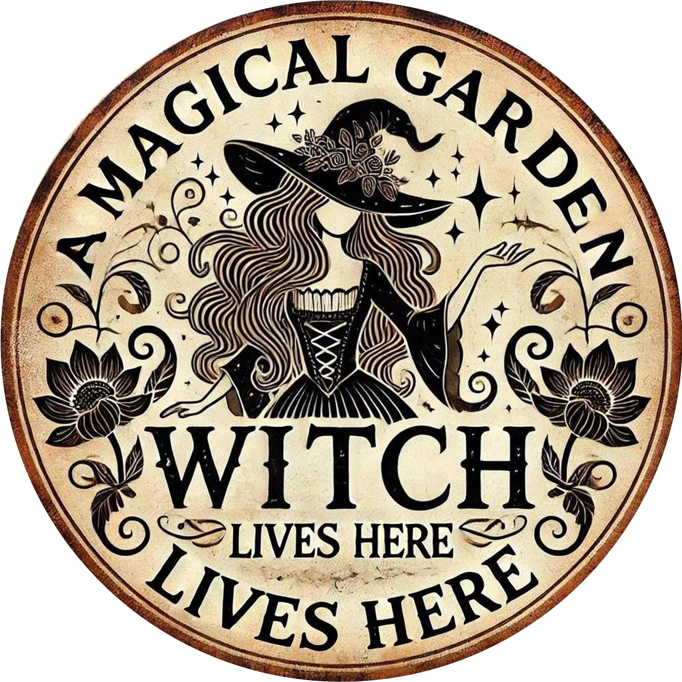 1pc Enchanting Garden Witch Metal Wall Sign - Round Witchy Decor with "A Magical Witch Lives Here" Banner - Aluminum Foil Sign view 3