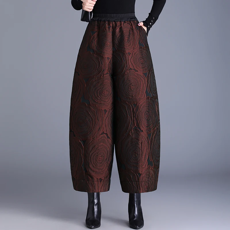 Pantaloni a gamba larga floreali Emed di fascia alta da donna Autunno Inverno Nuovi pantaloni di cotone caldo Sle Pantaloni a lanterna a nove punti Pantaloni per stivali...