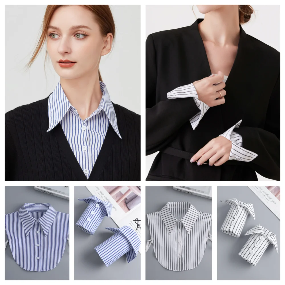 Camicia a righe morbide staccabili Colletto finto Pendolarismo Comode maniche finte a mano Polsini finti decorativi facili da indossare Ufficio