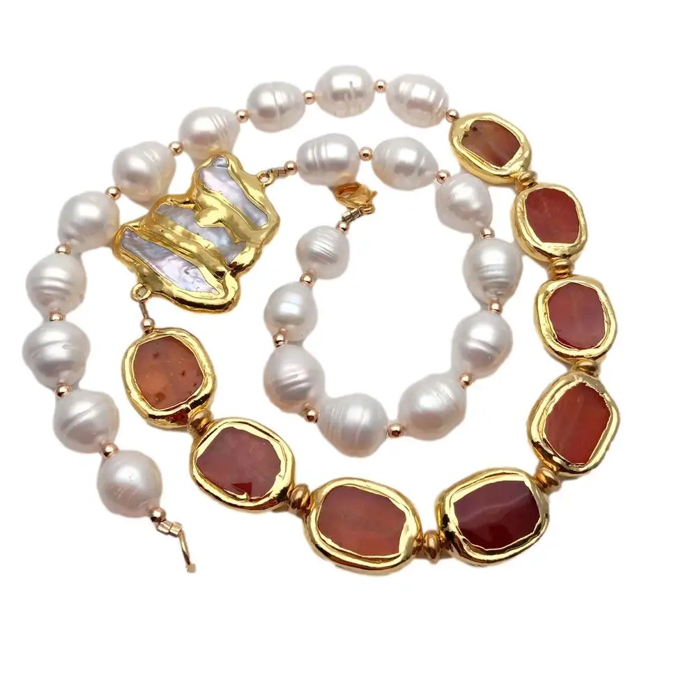 

Y.YING Cultured White Rice Pearl Carnelian Necklace Biwa Pearl Choker Necklace Women Jewelry Gift