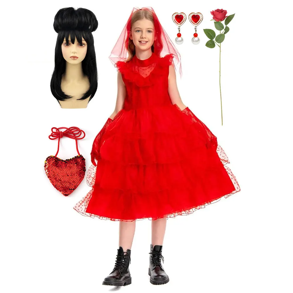 Lydia-Inspiriertes Mädchen-Filmkostüm Rotes Gotisches Prinzessinnenkleid+Schleier+Spitzenhandschuhe Halloween-Party Rollenspiel Deluxe Hochzeitskostüm