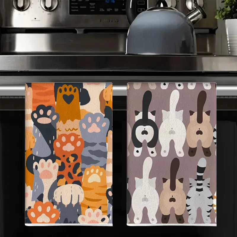 2Pcs, Cat Paw and Cat Butt Kitchen Towels, 40Cm*60Cm Towel Set, Best Kitchen Towels, Super Absorbent Soft Cleaning Cloth, Cooking and Baking Tea Towels, Hand Towels, Cleaning Cloths, Dishcloths, Kitchen Decor, Living Room Decorations, Kitchen Essentials, Home Essentials