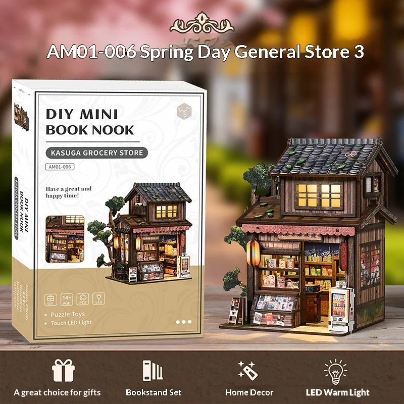 

DIY Mini Book Nook 3D Wooden Assembled Model Kasuga Grocery Store With Touch Led Light Bookshelf Decor bookends Gifts doll house