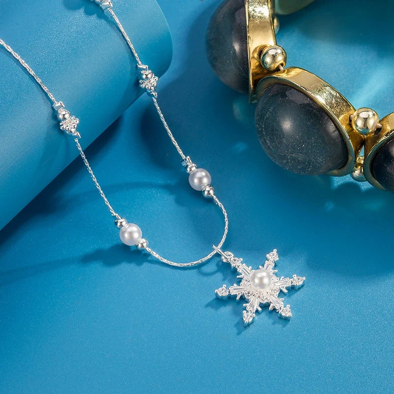 Temperament Snowflake Zircon Necklace for Women Light Luxury and High-end Exquisite Pearl Sweater Chain 925 Silver Jewelry