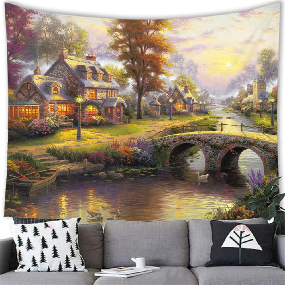 Oil Painting Countryside Tapestry Castle lighthouse Waterfall River Forest Scenery Tapestries Bedroom Living Room Wall Hanging