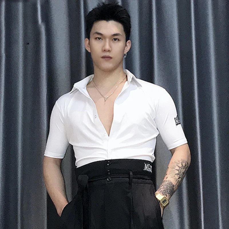 

Белый топ для латинских танцев для мужчин, стандартная одежда для бальных танцев, рубашка для танцев с короткими рукавами для взрослых, мужские топы для латинских танцев, 1995 г.