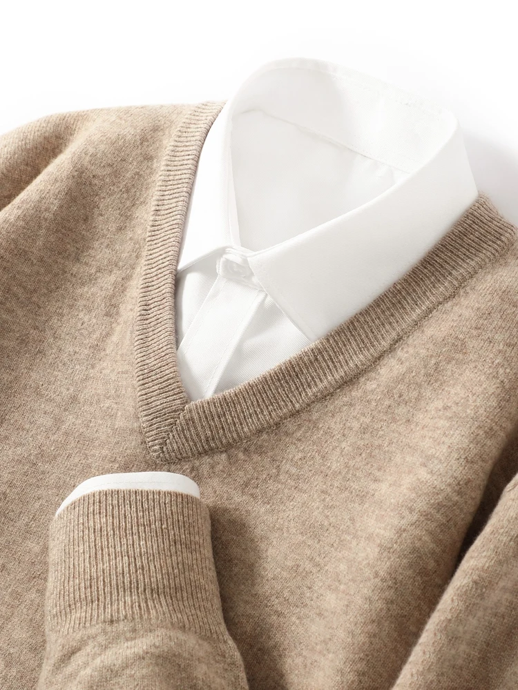 2025 Autumn Winter Men Wool Sweater Simple Comfort Pullover V-neck Long Sleeve Casual Jumper Pure Wool Knit Shirt