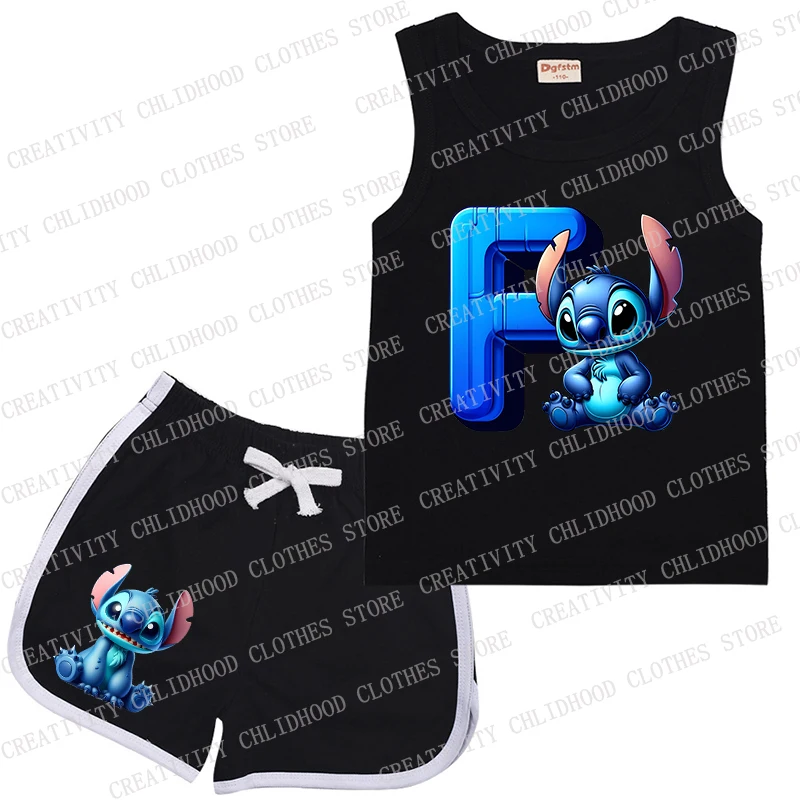 Neue Kinder Anzug Stich Brief a-z Sport schwarze Kleidung lässig ärmellose Mädchen Junge Weste & Shorts 2 Stück Sets Kinder Sommerkleid ung