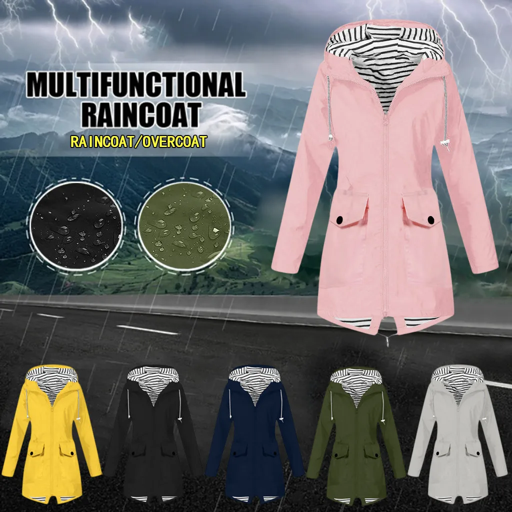 

Women Solid Rain Jacket Outdoor Hooded Windproof Loose Coat