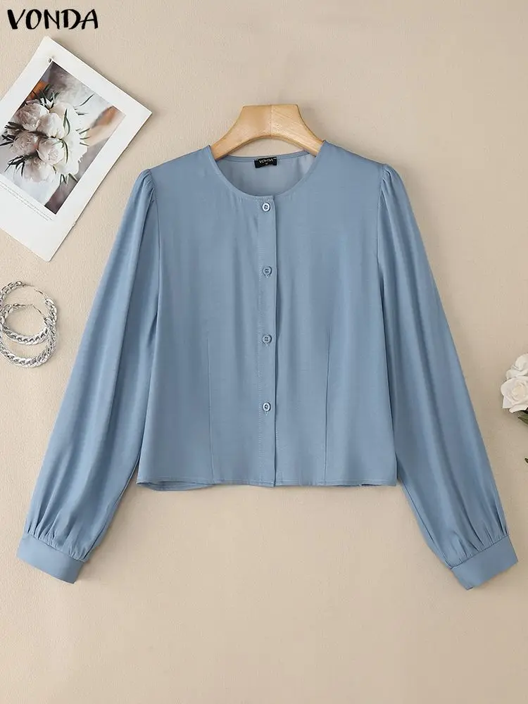 

VONDA элегантные женские однотонные рубашки с длинным рукавом с круглым вырезом повседневная блузка осень-весна модные блузки с пышными рукавами топы женская туника