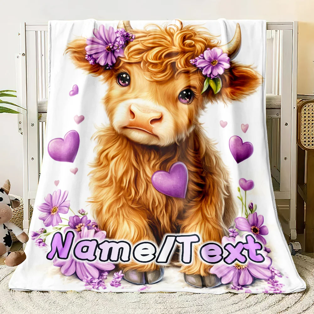 Фланелевое одеяло с индивидуальным именем Highland Cow Design, всесезонное, легкое, идеально подходит для дивана, спальни, офиса, путешествий