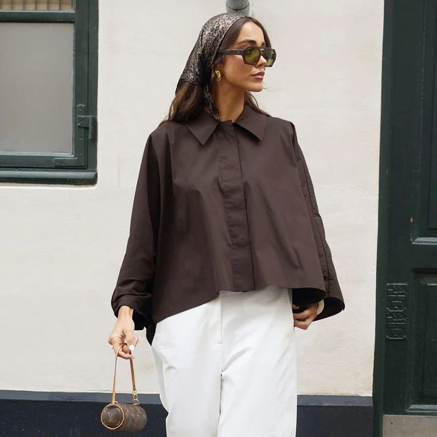

Linad Street Chic коричневые рубашки с рукавами «летучая мышь» женские винтажные свободные женские блузки 2025 осенние элегантные женские топы с отложным воротником