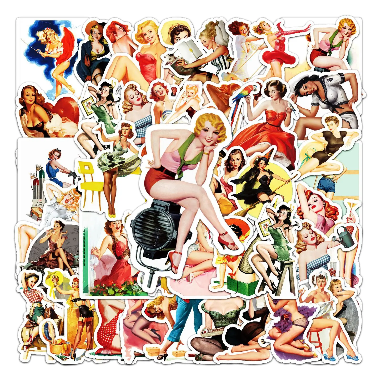 50 Stück Old-School-Tattoo-Stil Aufkleber Retro Pinup Girl Sticker PVC Scrapbooking Aufkleber Kühlschrank Skateboard Etui Dekorationen
