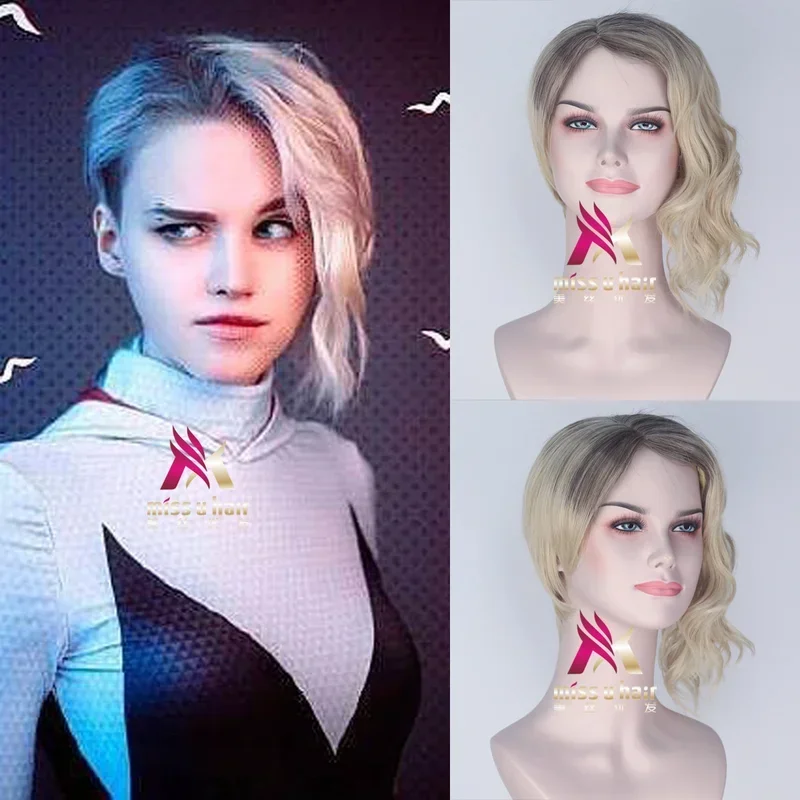 

Anime Movie Playing Bitter Girl Halloween Gwen Stacey Black Highlighting Blonde Short Hair Wig MN1