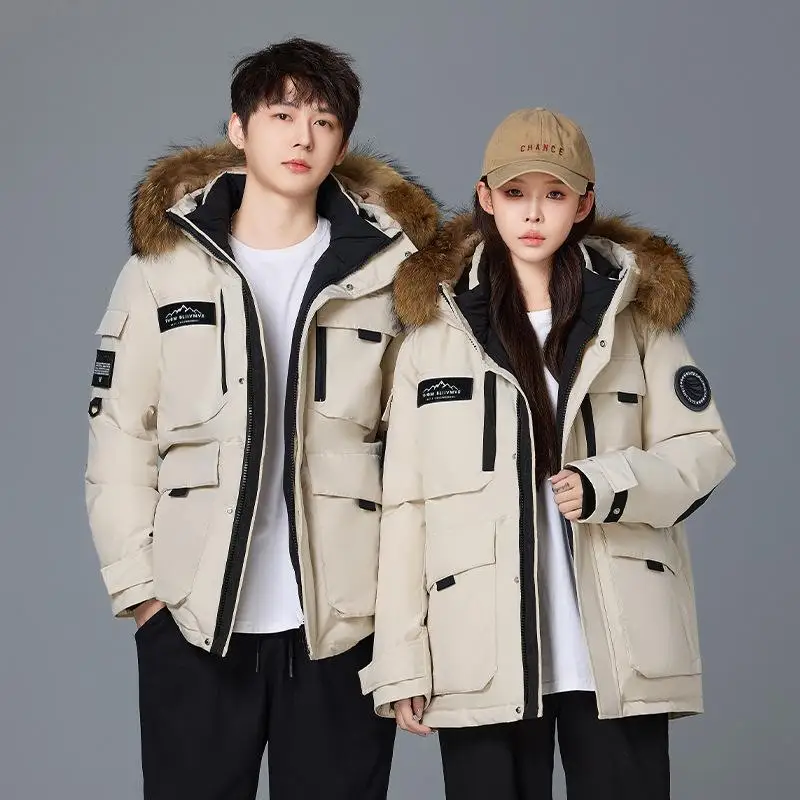 

New Thickened Couple Tooling Down Jacket Winter Jacket Men's and Women's Medium and Long Styles with Fur Collar Outdoor Warmth