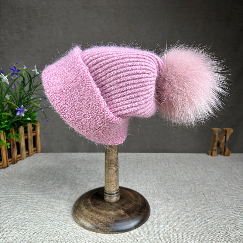 

High end hats women's autumn and winter rabbit wool hats warm and cold hats versatile fox fur ball hats trendy knitted