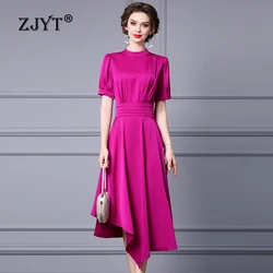 ZJYT Designer Summer Midi abito asimmetrico donna 2024 elegante Stand collo manica corta abiti da sera rossi abito femminile