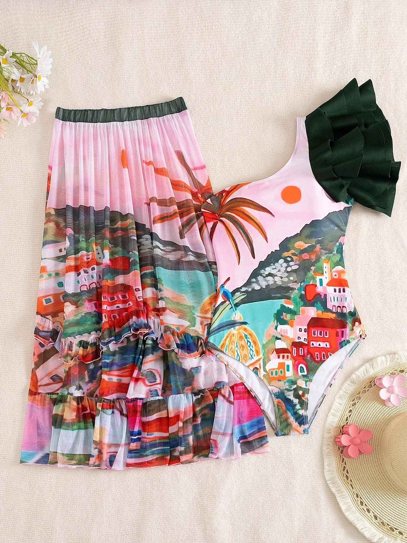 Printed Long Sleeves Women Swimsuits With Beach Cover Ups 2025 Swimwear Lady Bodysuit Holiday Outfits Cheap Clearance