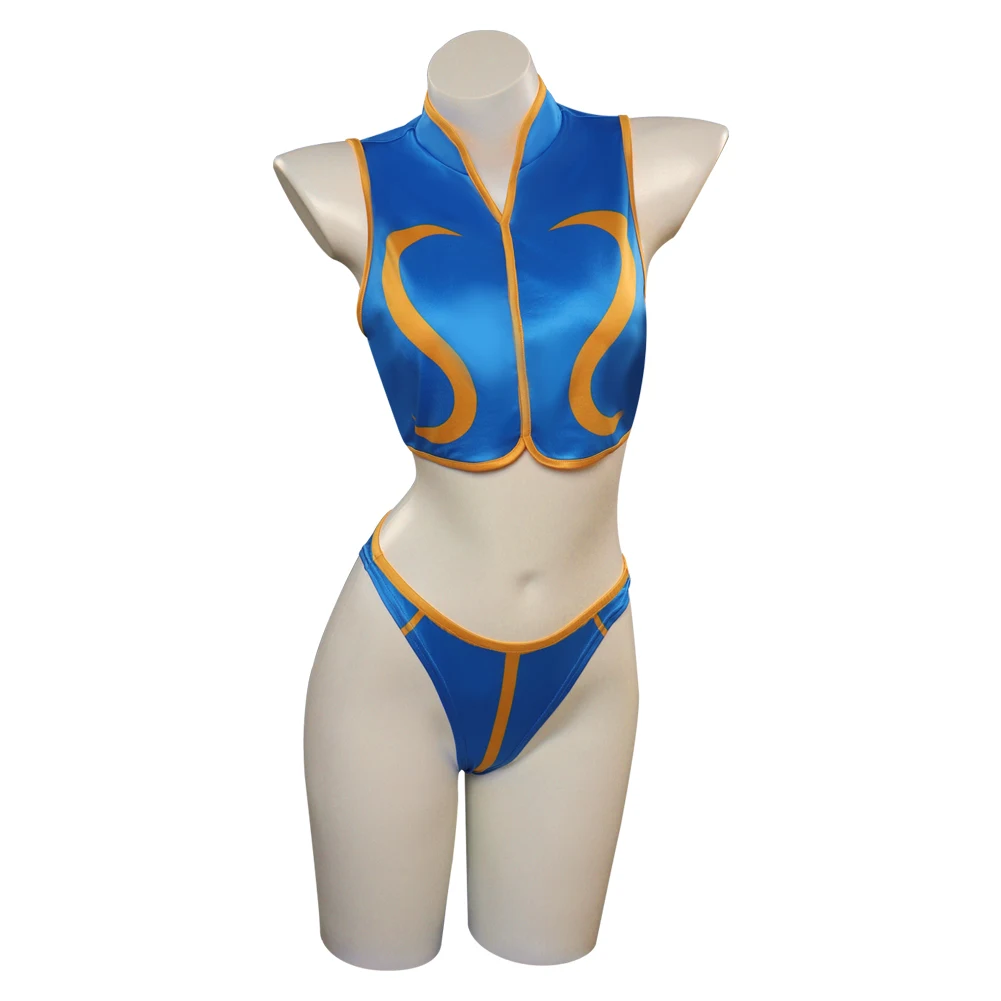 Chun Li Cosplay Costume Fighter Fantasy Women Girls Swimsuit Top Shorts Outfits Halloween Carnival Party Suit