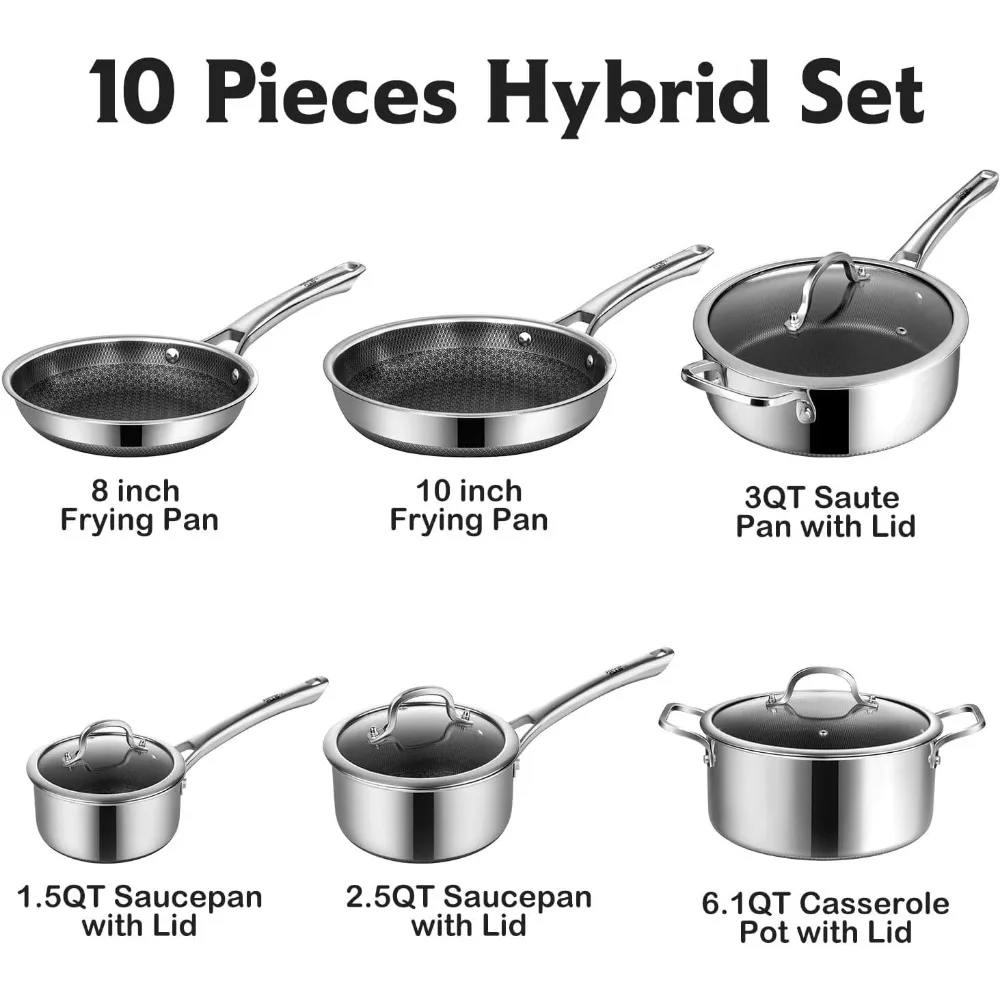 Pots and Pans Set Non Stick, 10 Pcs Hybrid Stainless Steel Cookware Sets, Non Stick Frying Pans, Saucepans, Saute Pan & Stock Po