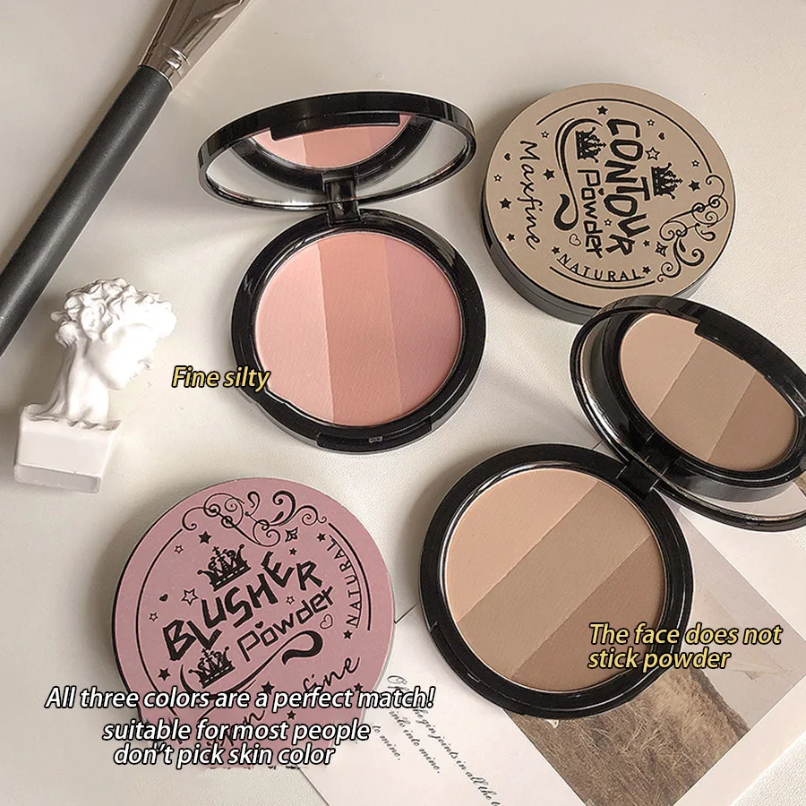 Paleta de blush de três cores, delicada, de longa duração, à prova d'água, não desbota, bandeja de integração de blush