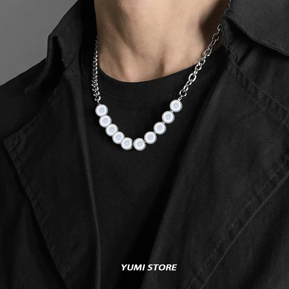 Hip Hop Reflective Pearl Necklace For Man Women Trend Steel Luminous Beads Choker Sweater Chain Unisex Jewelry Punk Accessories