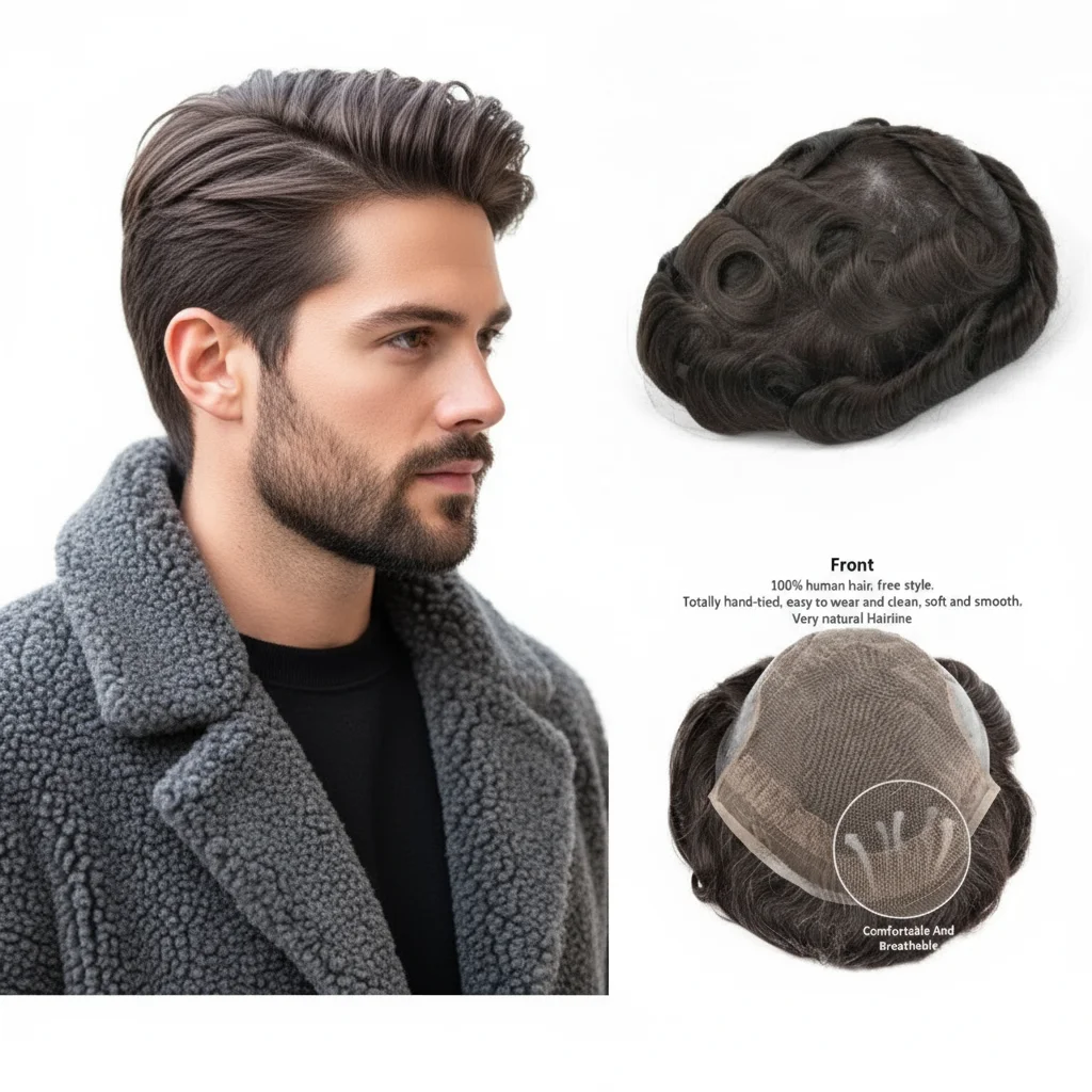 

Бюджетный мужской парик OCT, 100% человеческие волосы, моно-основа, кружево + искусственная основа, крошечные вкусы, доступная цена, мужская система волос для восстановления волос