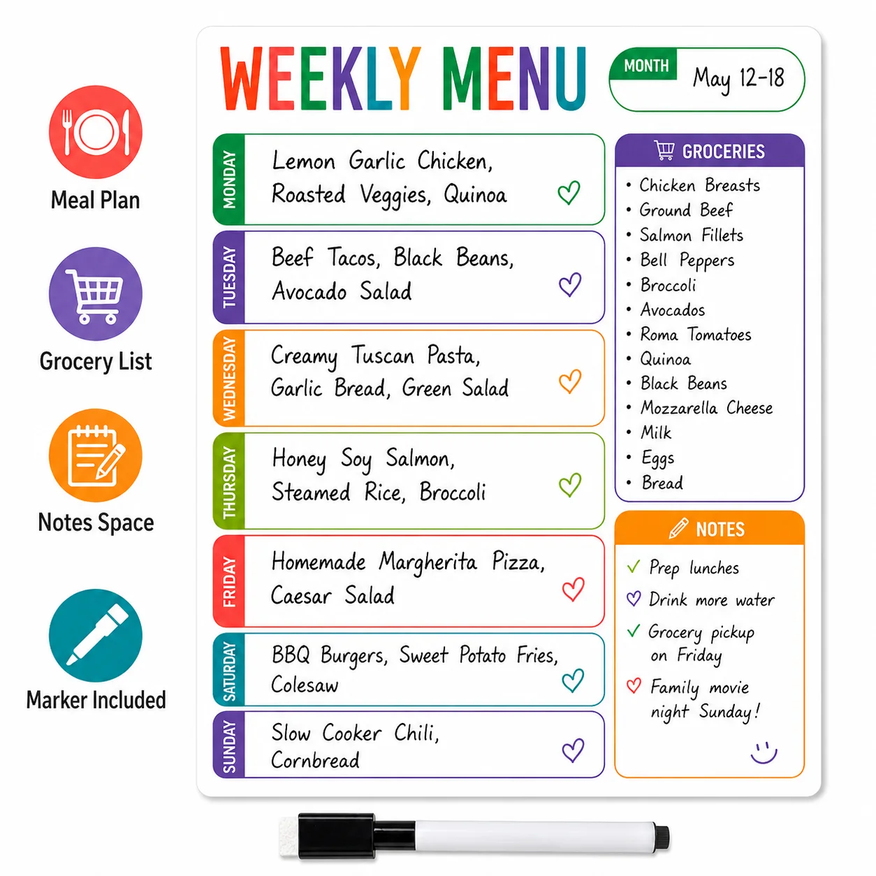 1pc Weekly Menu Fridge Whiteboard Sticker With 1 Erasable Marker, Dry Erase Meal Planner For Kitchen Grocery List Notes