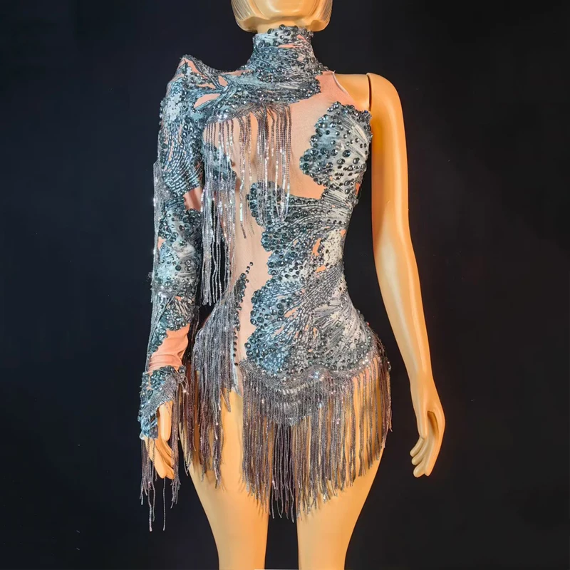 Viele Farben One Sleeve Strass Fransen Body Frauen Pole Dance Kleidung Drag Queen Outfit Bar Bühne Gogo Kostüm XS10380
