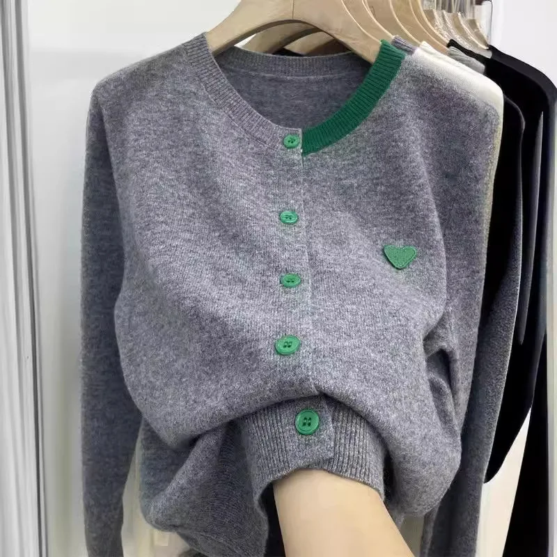 

Casual Round Neck Sweater Women's Coat Autumn and Winter New Style Loose Embroidery Love Fashion Knitted Cardigan