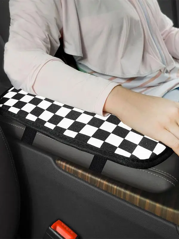 Center Console Cushion Pad Black and White Checkered Armrest Box Pad Automotive Trim Ice Silk Plush Armrest Pad For General Car