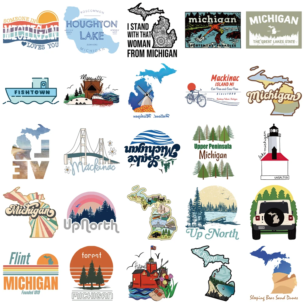 50pcs Travel Around The Michigan Stickers PVC Waterproof Stickers for Water Bottle Notebook Laptop Luggage Suitcases Kids Gifts