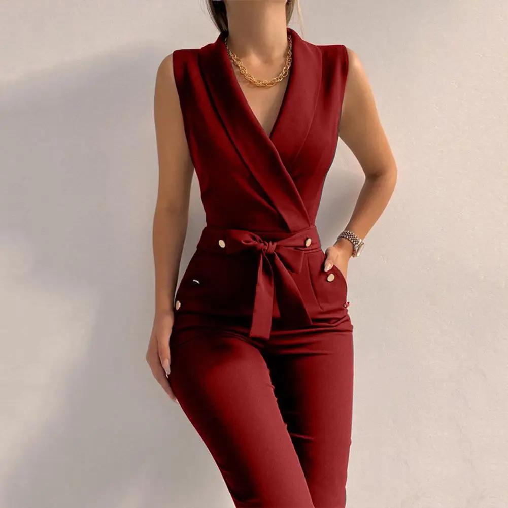 

Women Jumpsuit Solid Color Jumpsuit Elegant V Neck Jumpsuit with Lace-up Strap Wide Leg Design for Women Formal Business Style