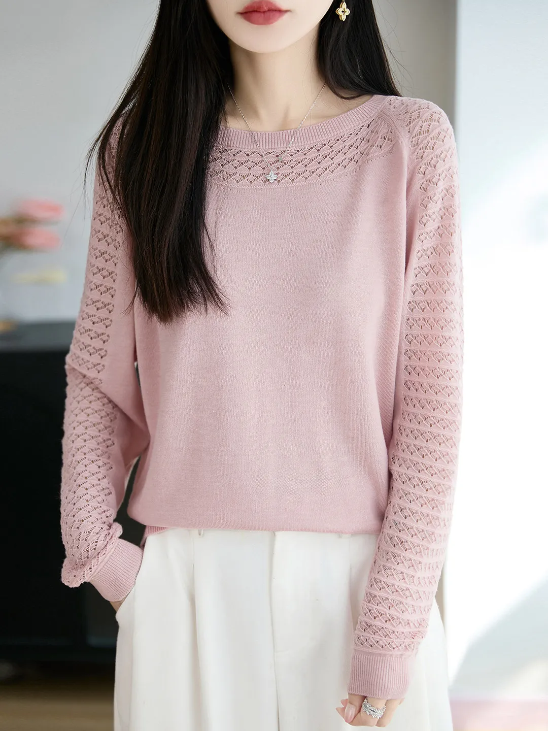 Minimalist Style Women's Long Sleeve Knitted Wool Sweater Hollow out Loose Fit round Neck Soft Autumn Top Versatile Base Layer