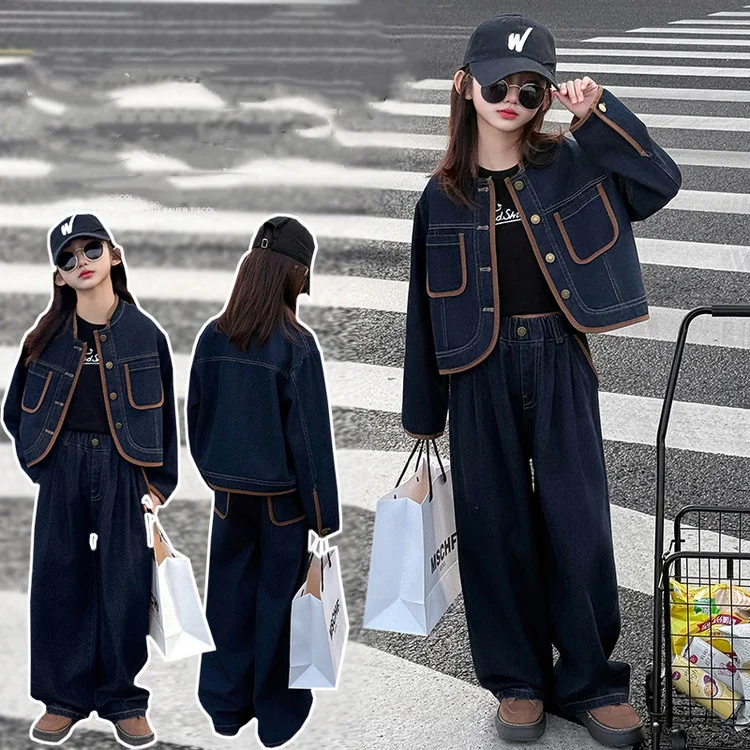 

Autumn School Girls 2pcs Denim Suits Round Neck Contrast Color Coat+Elastic Waist Wide Leg Pant Kids Girls Outfit 4-14Y Girl Set