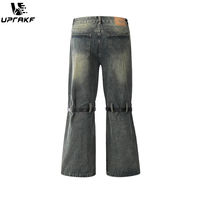 UPRAKF Split Patchwork Design Straight Jeans Streetwear Wide Leg Denim Loose Autumn Fashion Basic High Street