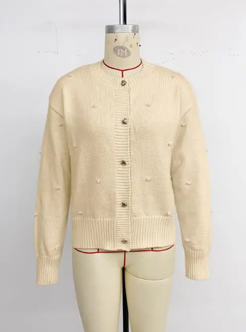 

Knitted Cardigan 2025 New Style Sweet Women's Clothing Fashion Pearl Decor Single Breasted Solid Sweater Jacket for Women