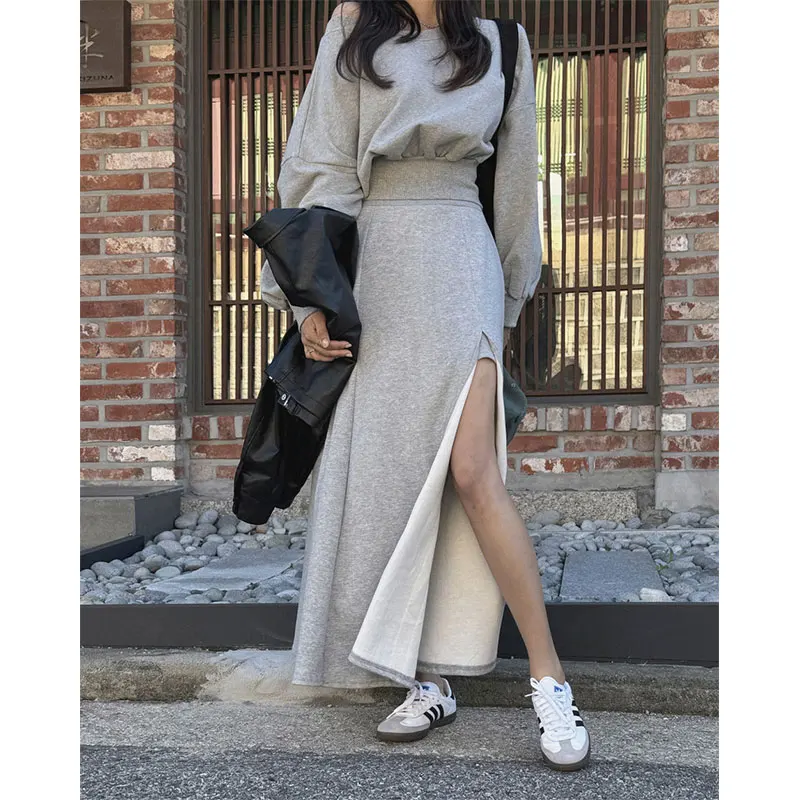 

American Style Sweatshirt Set Women's Retro Personalized Shoulder Bared Waist-Cinched Short Top Half-Skirt Two-Piece Suit
