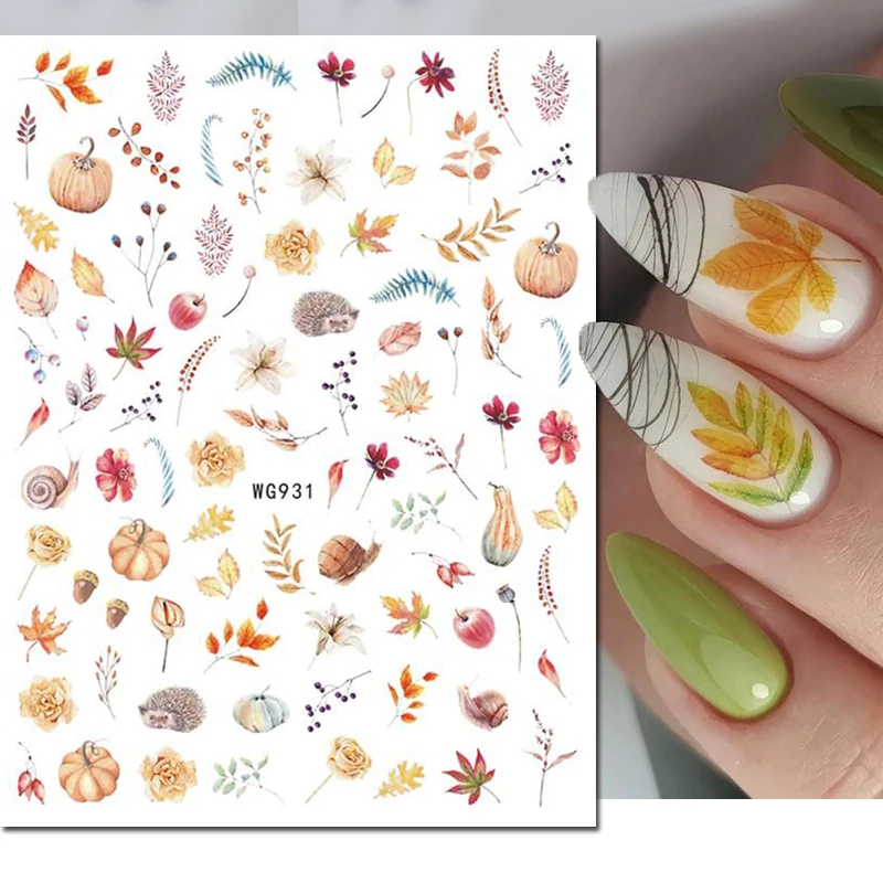 

Nail Art 3d Back Glue Sticker Autumn Maples Leaves Fruits Champagne Roses Flowers Decals Nail Decoration Salon Beauty