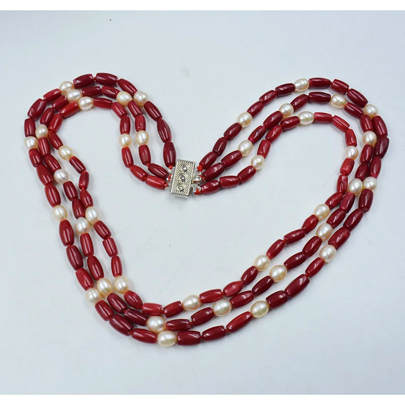pretty 3 Rows of Natural Red Coral Pearl Necklace Earrings