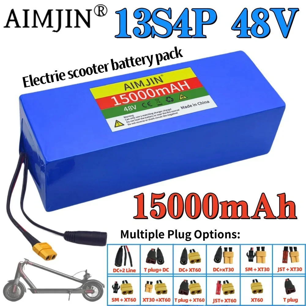 13S4P 48V 15000mAh 18650 Lithium Battery Pack,for Electric Scooter Bicycle Li-ion Replacement Batteries with BMS