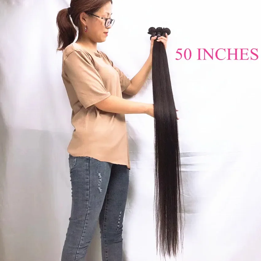 

50 дюймов длинные прямые пучки человеческих волос натуральный цвет бразильские наращивание человеческих волос Remy 1 пучок плетение волос с двойным утком