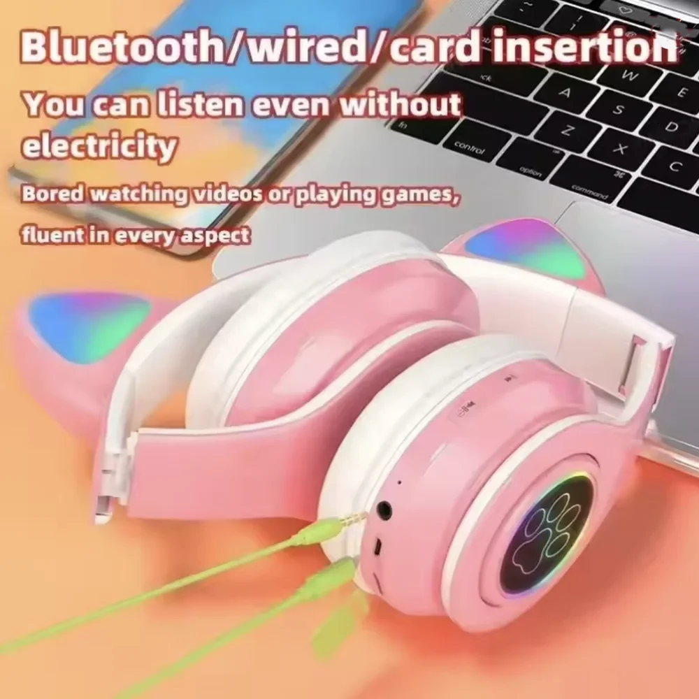 STN28 Cute Cat Ear Bluetooth Headset with LED Wireless Headset Children Girls Stereo Folding Sports Headset with Microphone image 2
