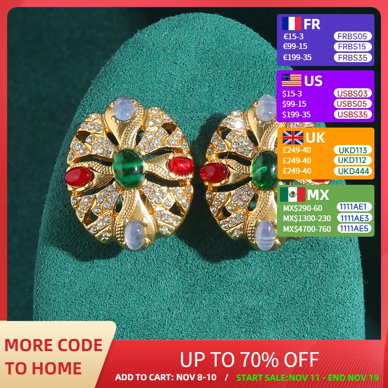 

Vintage Gold Color Stud Earrings Gothic Green Red Glass Palace Cross Luxury Dubai Jewelry For Woman Charm Accessories 2025 New