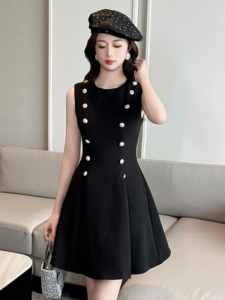 ملابس نسائية فستان قصير أنيق للسيدات حلو ريترو أسود مزدوج الصدر مطوي ثوب نسائي للحفلات والنوادي فيستدو سيدة