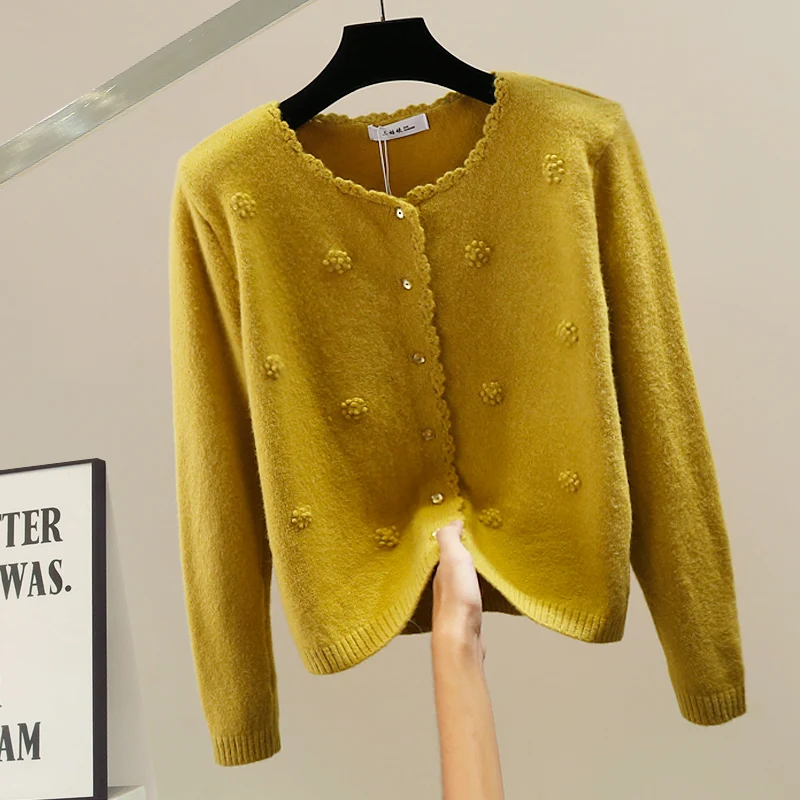 

Korean Sle Faion Heavy Gauge Knitted Sweater Single Button Hook Flower Decoration Loose Long Sve Top Versatile Casual ...